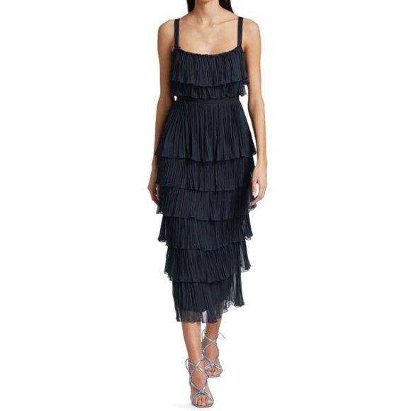 Cinq a Sept Eliane Ruffle Tiered Navy Midi Dress - Picture 1 of 6